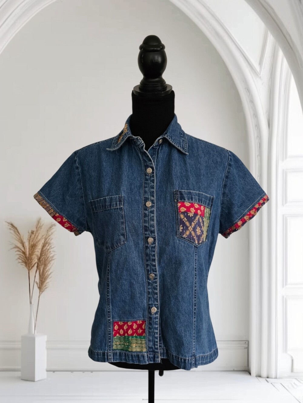 Upcycled Kantha Patchwork Vintage Denim Buttondown Shirt, Size L - Picture 3 of 7